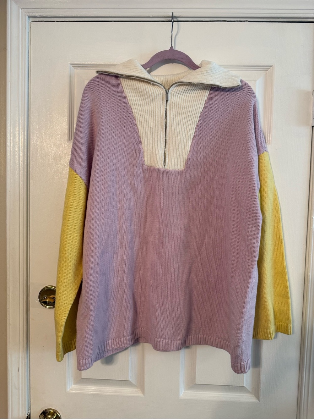 Express Lavender Zip Polo Sweater with Yellow Sleeves & Cream Collar